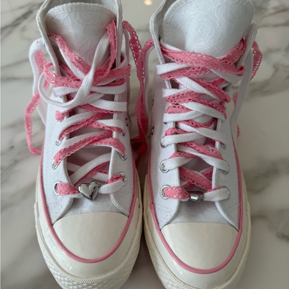 Converse White and Pink floral/heart converse